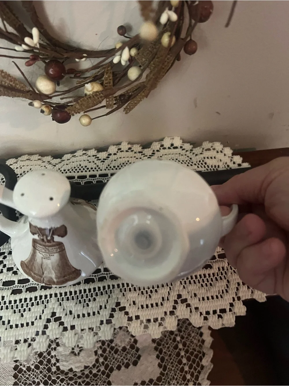 Ironstone Americana Liberty Bell brown off white salt & pepper shakers